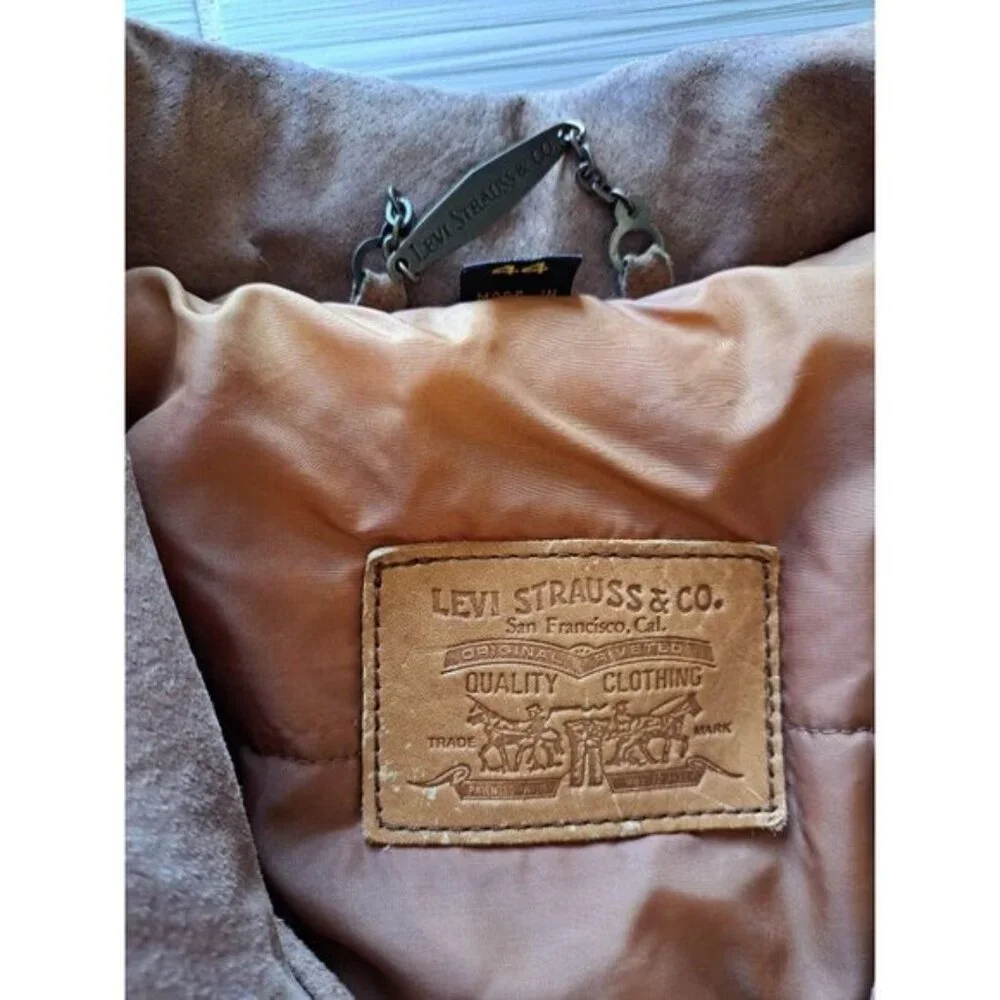 Vintage Levis Mens Bomber  Brown Suede Jacket Size 44 L Button Cuffs Zip Front - Picture 2 of 12